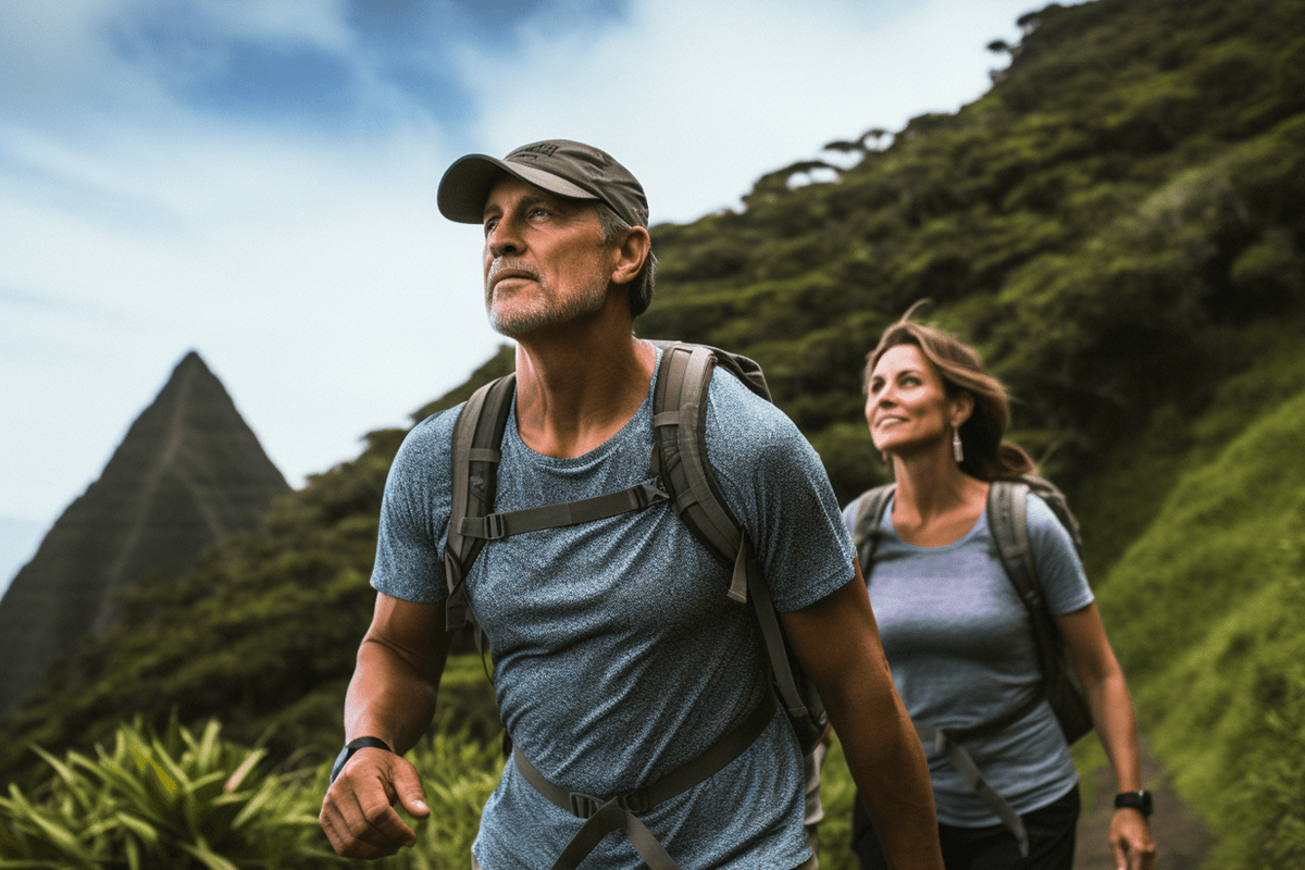 two middle age hikers hawaii